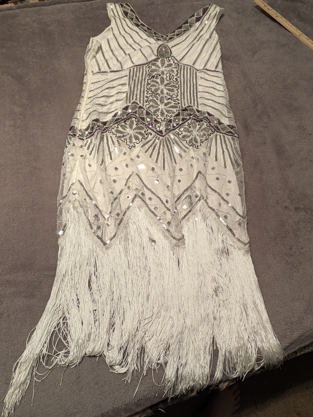 SHEIN Ivory Beaded Fringe Flapper Dress with Silver Accents